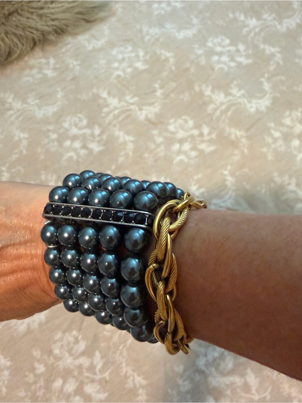 CAbi Heritage Black Multi-Strand Pearl/rhinestone stretch Bracelet